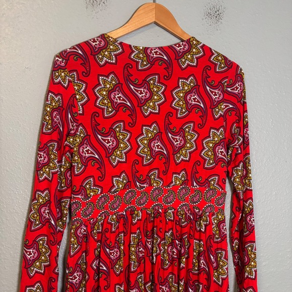Boden Thea Long Sleeve Jersey Dress Midi Red Paisley Size 8 Petite Office Modest - Picture 8 of 10